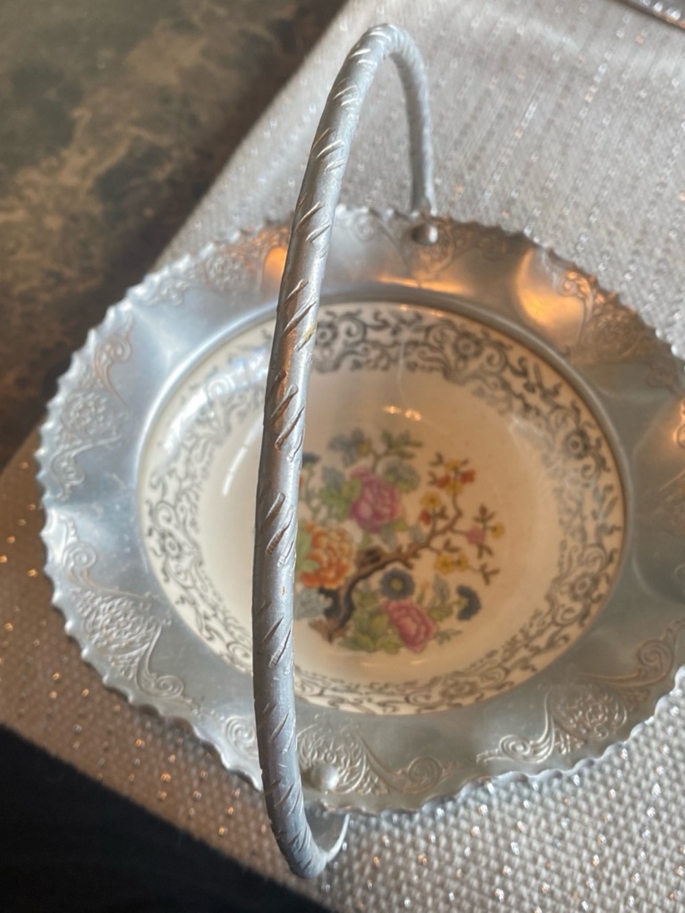 Vintage Decorative Floral Ceramic Bowl with Silver-Tone Rim - Multicolor
